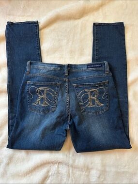 ROCK & REPUBLIC Women's Indigo Blue Embellished Pocket Jeans Sz12 Straight Cut